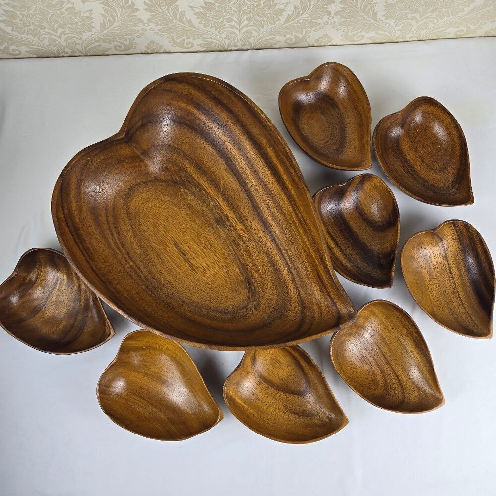 Vintage Monkey Pod Wood Salad Bowl Set - 1 Large Serving Bowl 8 Individual Bowls
